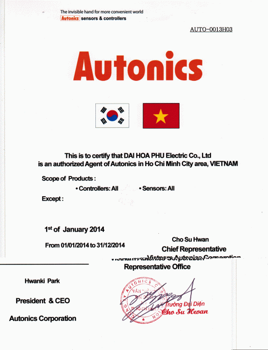 Văn phòng đại diện Autonics tại Việt Nam vừa tái cấp giấy chứng nhận NHÀ PHÂN PHỐI AUTONICS cho CTY ĐẠI HÒA PHÚ từ 01/01/2014.